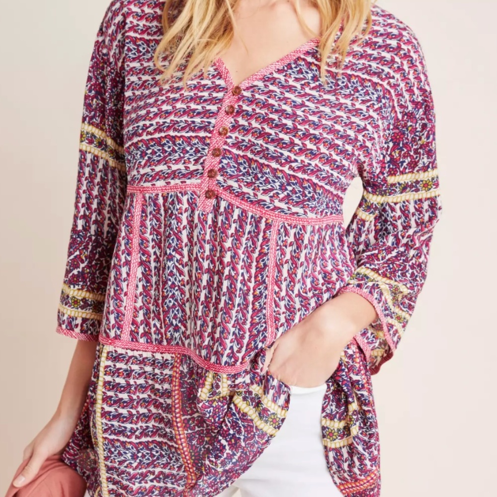 Anthropologie-Maeve-100% Silk - "Lilyana" Tiered Blouse Pink & Navy - X- SMALL